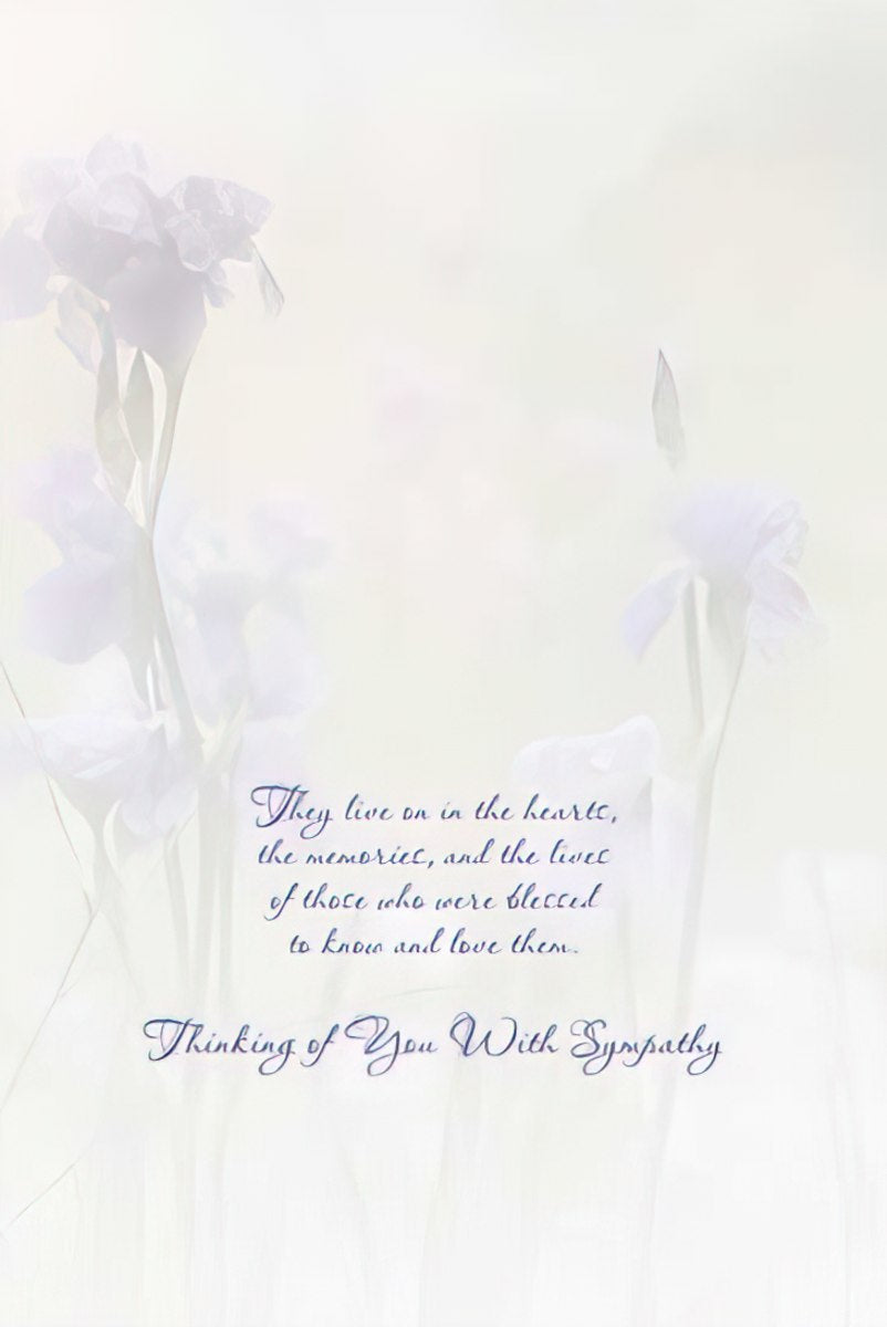 Inside of iris field sympathy card with message offering a gentle wish for peace and comfort.