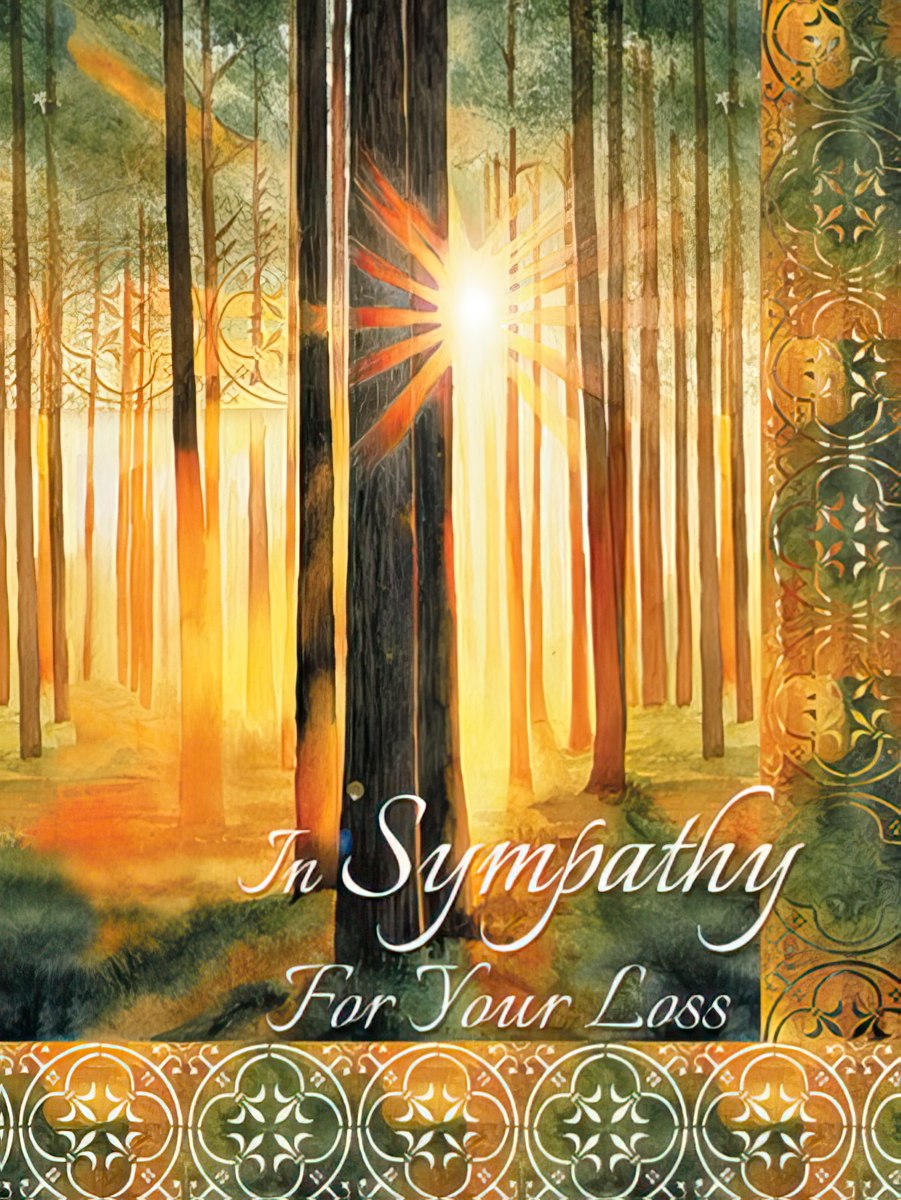 Sympathy card with elegant script 'With Sympathy' over a verdant green meadow under a bright sky.
