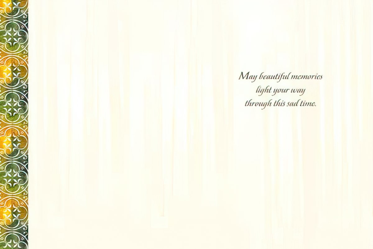 Inside of green field sympathy card with message about finding comfort in loving memories held forever.