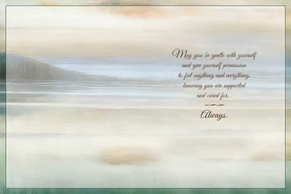 Inside of forest path sympathy card with 'Unseen, unheard, but always near' and 'Thinking of You with Sympathy'.