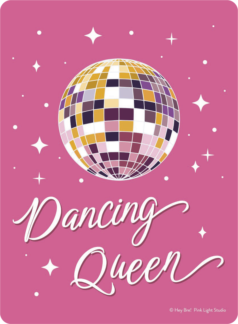 Vibrant pink 'Dancing Queen' sticker featuring a colorful disco ball and sparkling stars, perfect for retro party vibes and fun decor.
