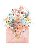 Watercolor floral bouquet sticker in a pink envelope with a gold heart seal, perfect for decorating laptops, water bottles, and journals.