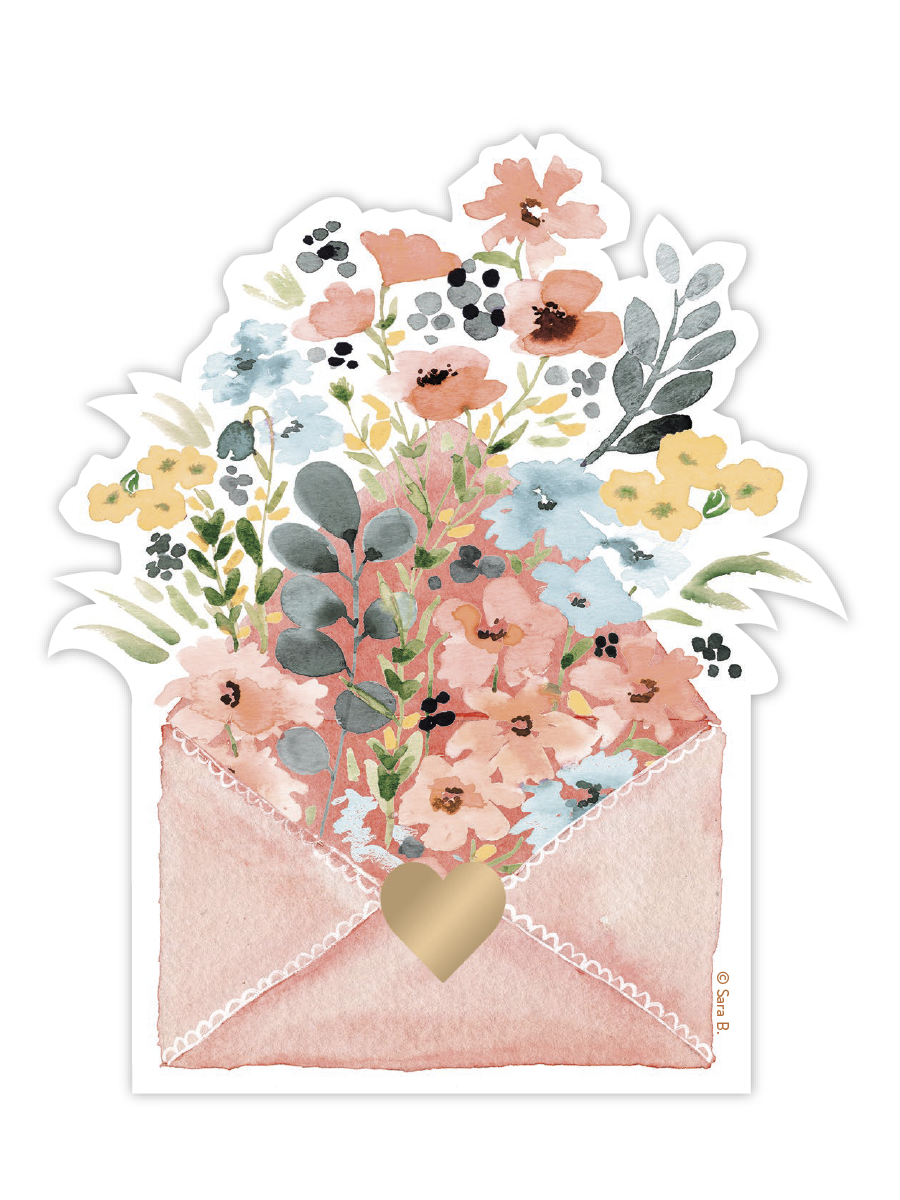 Watercolor floral bouquet sticker in a pink envelope with a gold heart seal, perfect for decorating laptops, water bottles, and journals.