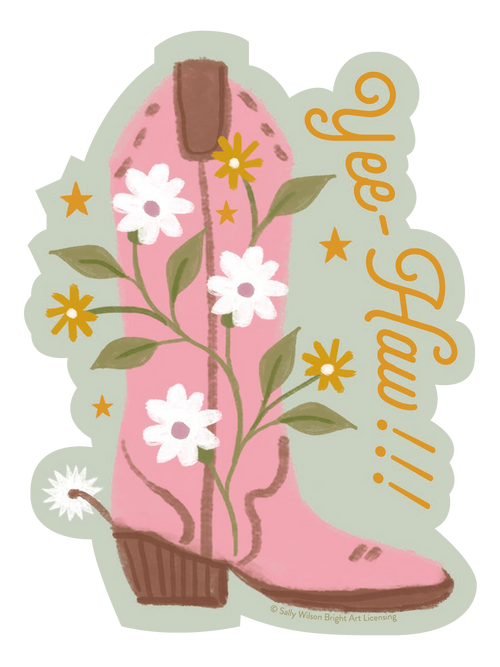 Cute pink cowboy boot sticker featuring white and yellow wildflowers, green leaves, a subtle spur, and 'Yee-Haw!!!' in orange script on a sage green background. Perfect floral western aesthetic vinyl decal for laptops, water bottles, and journals. Art by Sally Wilson Bright Art Licensing.