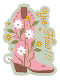 Pink cowboy boot sticker with white and yellow daisy flowers, green leaves, gold stars, and a silver spur, featuring orange 'Yee-Haw!!!' text on a sage green background. Perfect for laptops, water bottles, and journals.