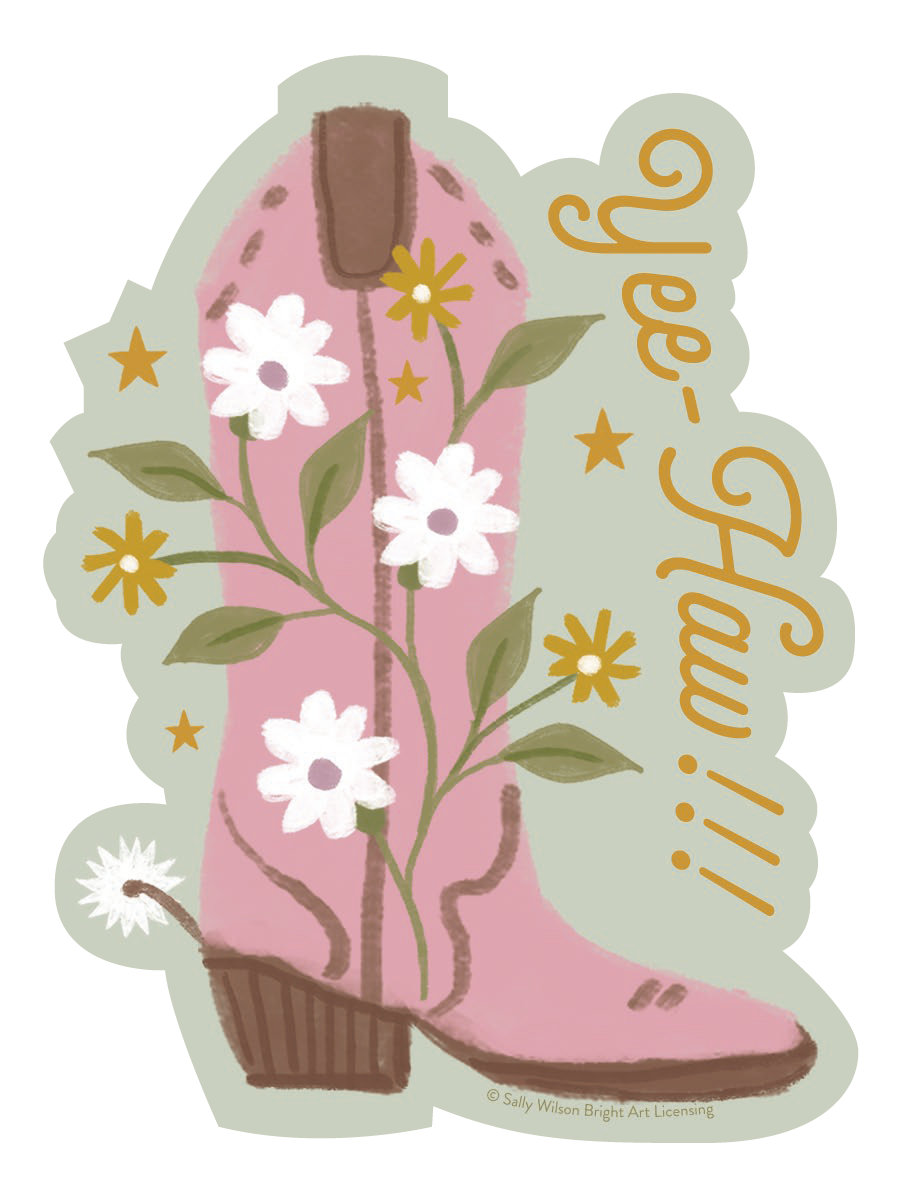 Pink cowboy boot sticker with white and yellow daisy flowers, green leaves, gold stars, and a silver spur, featuring orange 'Yee-Haw!!!' text on a sage green background. Perfect for laptops, water bottles, and journals.