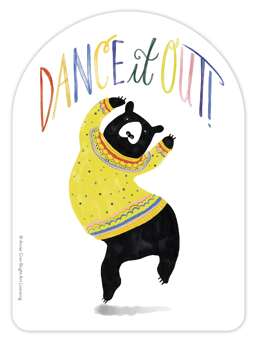 Whimsical black bear sticker in a colorful yellow sweater dancing joyfully with 'DANCE it OUT' lettering, perfect for an encouraging gift.
