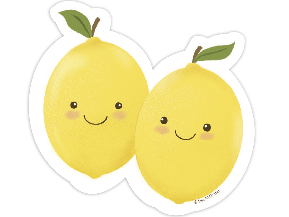 Two adorable, cheerful cartoon lemon stickers side-by-side, featuring smiling faces, rosy cheeks, and green leaves. High-quality vinyl fruit decal perfect for laptops, water bottles, and gifts.