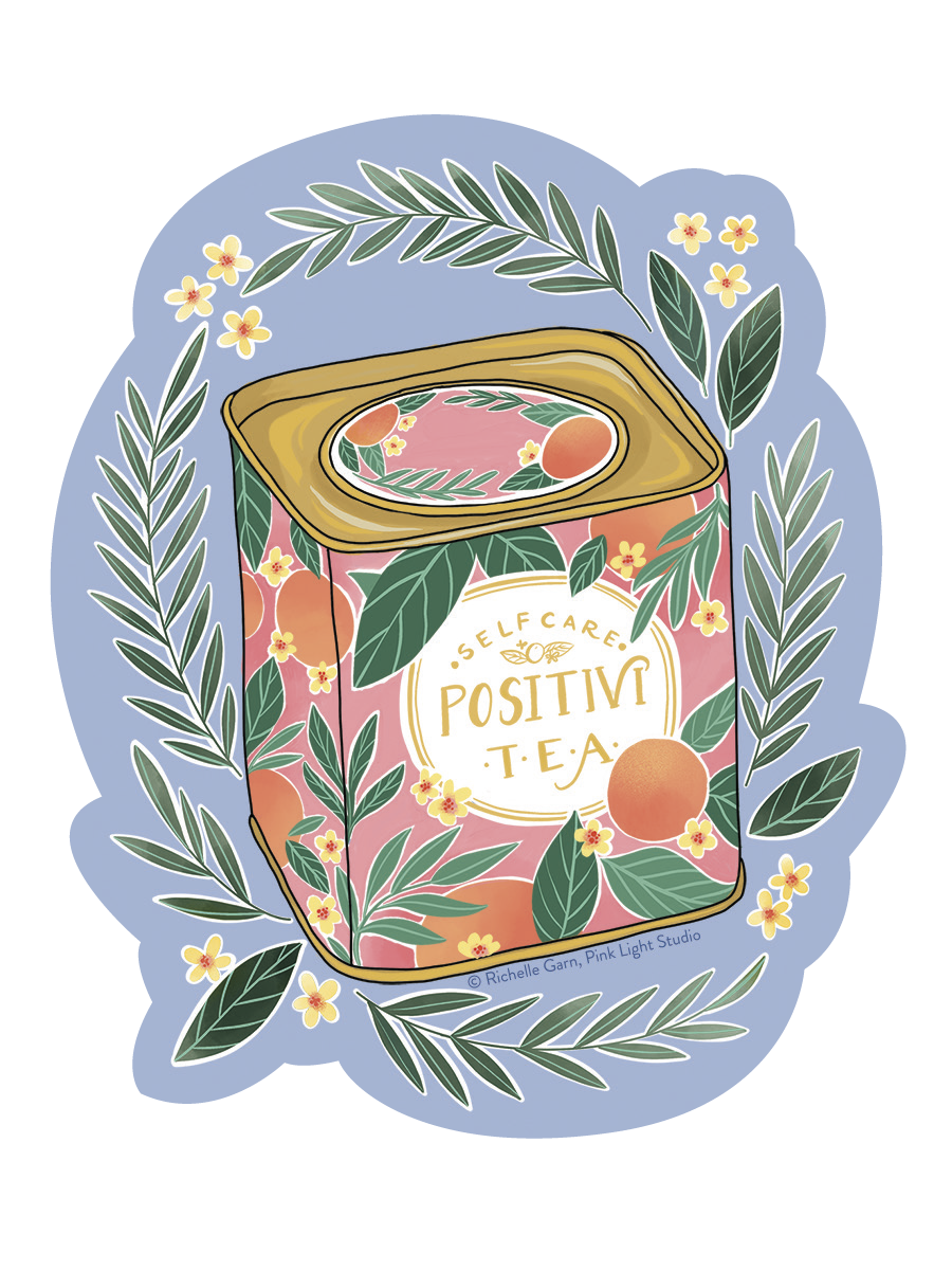 Die-cut sticker featuring a vintage-style tea tin with 'Self-Care Positivi-tea' text, surrounded by green leaves and yellow flowers, on a light blue background. Perfect for laptops, water bottles, and journals.