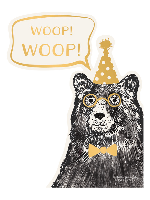 Vibrant black and white bear sticker featuring a gold polka dot party hat, stylish round glasses, and a dapper gold bow tie, with a 'WOOP! WOOP!' speech bubble. Perfect for adding a festive and cute touch to laptops, water bottles, or journals. Ideal as a cheerful gift or personal decoration.