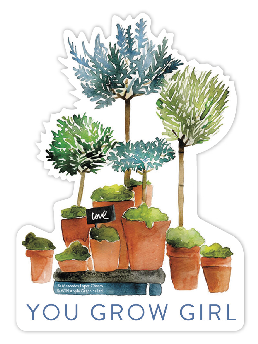 Watercolor art sticker featuring various potted green and blue trees and plants, with a tiny black sign reading 'love' and the empowering text 'YOU GROW GIRL' in blue at the bottom. Ideal for gardeners, plant lovers, or as a motivational gift.