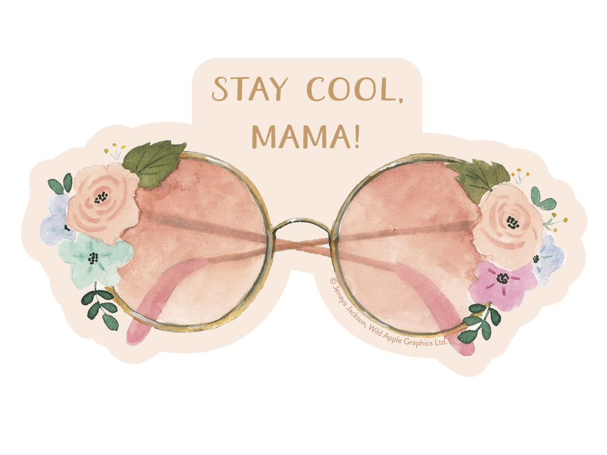 Watercolor sticker featuring round, gold-framed sunglasses with pink lenses and delicate floral accents in pink, blue, and green. Above the sunglasses, the text reads 'STAY COOL, MAMA!' on a light peach background.