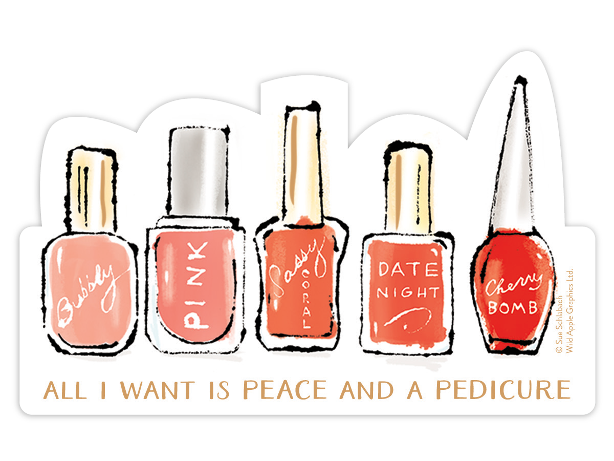 Die-cut sticker featuring five colorful nail polish bottles with playful names: 'Bubbly', 'Pink', 'Sassy', 'Date Night', and 'Cherry Bomb'. Below the bottles, the text reads 'All I Want Is Peace And A Pedicure'. This charming design is perfect for laptops, water bottles, and planners.