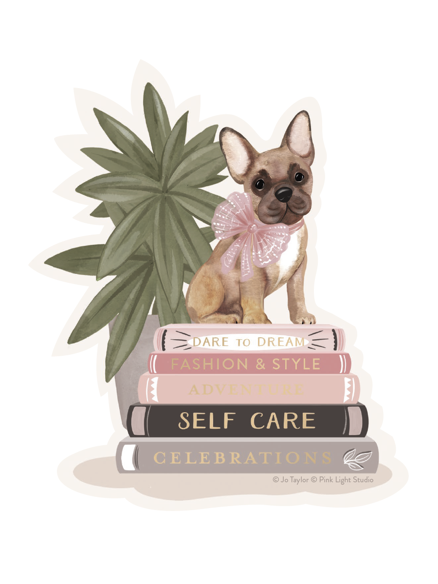 Cute French Bulldog sticker with a pink lace bow, sitting on a stack of four pastel-colored books. The book spines read 'Dare to Dream', 'Fashion & Style', 'Self Care', and 'Celebrations'. A green potted plant is visible behind the dog. This charming illustration is perfect for dog lovers and encourages self-care and style.