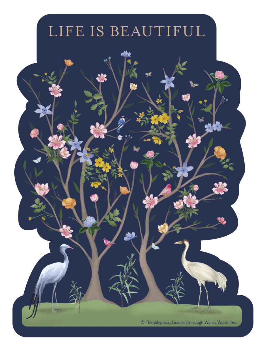 SEO-optimized alt description for a sticker featuring two stylized trees with blooming pink, yellow, orange, and blue flowers, green leaves, small birds, and butterflies, against a deep navy blue background. Two elegant white cranes stand on green ground below, and the text 'LIFE IS BEAUTIFUL' is prominently displayed at the top, conveying a positive and nature-inspired message.