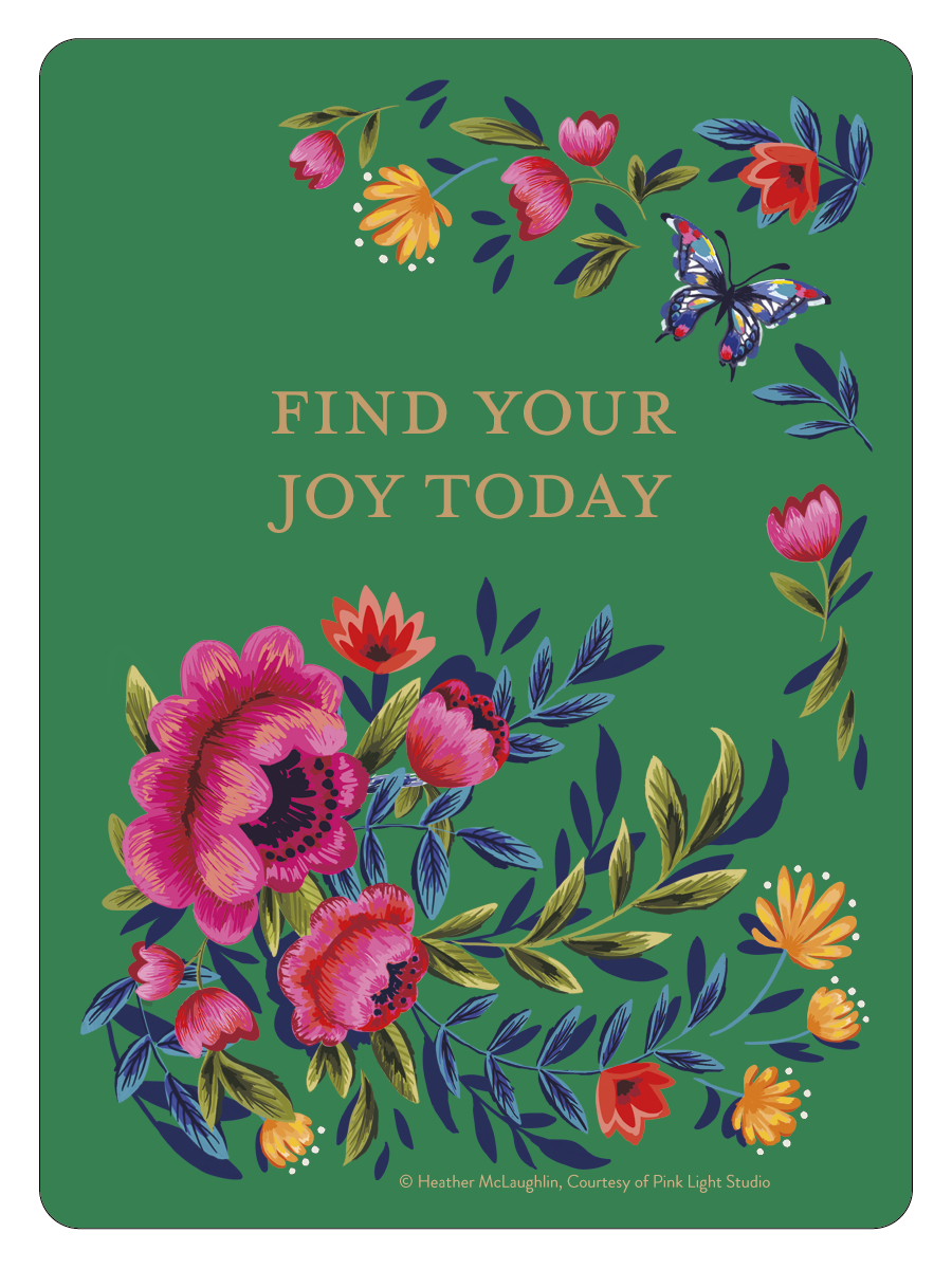 Vibrant green sticker featuring a joyful floral design with pink, red, and orange flowers, green foliage, and a colorful butterfly. Inspirational text reads 'FIND YOUR JOY TODAY' in elegant gold lettering. Perfect for laptops, water bottles, and journals.
