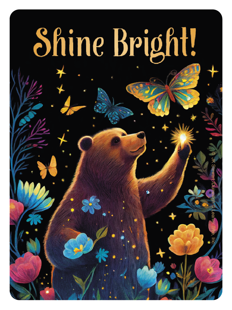 Whimsical sticker featuring a brown bear reaching for a glowing star in a night sky, surrounded by colorful butterflies and vibrant blue and pink flowers. The text 'Shine Bright!' is prominently displayed in golden script.