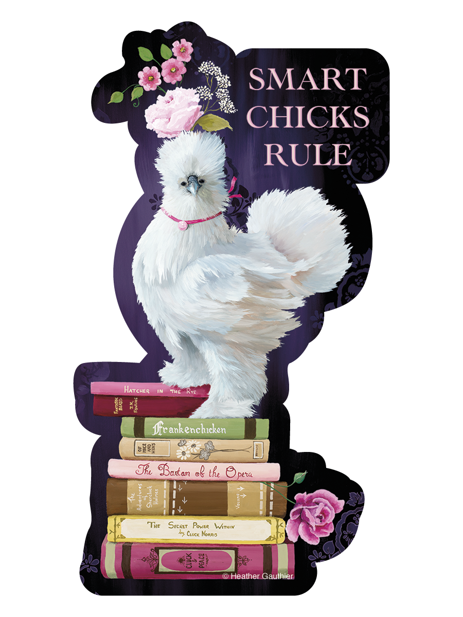 Vibrant die-cut sticker featuring a fluffy white Silkie chicken with a pink collar, perched on a stack of cleverly titled books. The dark purple background is adorned with pink floral accents and the bold text 'SMART CHICKS RULE'. Perfect for empowering book lovers and academics.