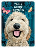 Happy golden doodle dog sticker with its tongue out and text 'Think happy thoughts', surrounded by pink butterflies and teal patterns. Perfect for spreading positive vibes.