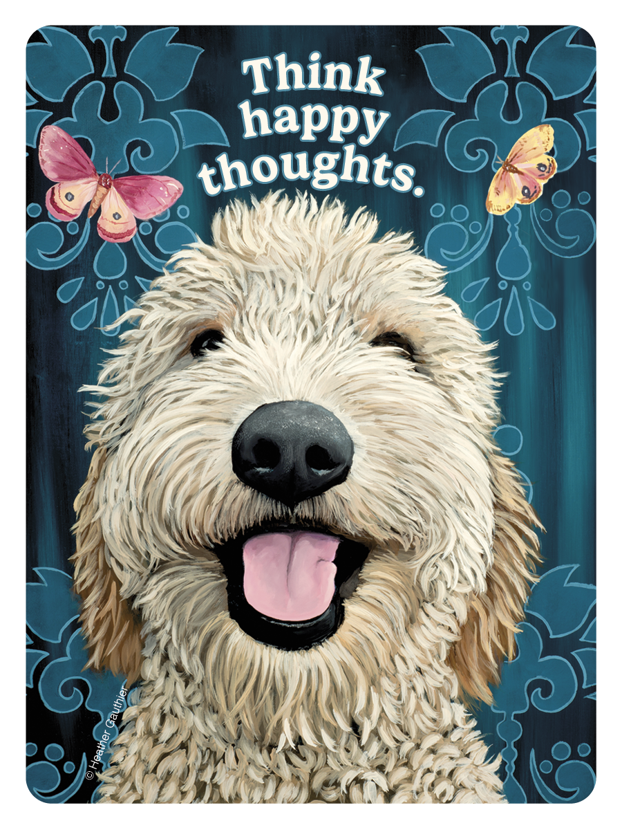 Happy golden doodle dog sticker with its tongue out and text 'Think happy thoughts', surrounded by pink butterflies and teal patterns. Perfect for spreading positive vibes.