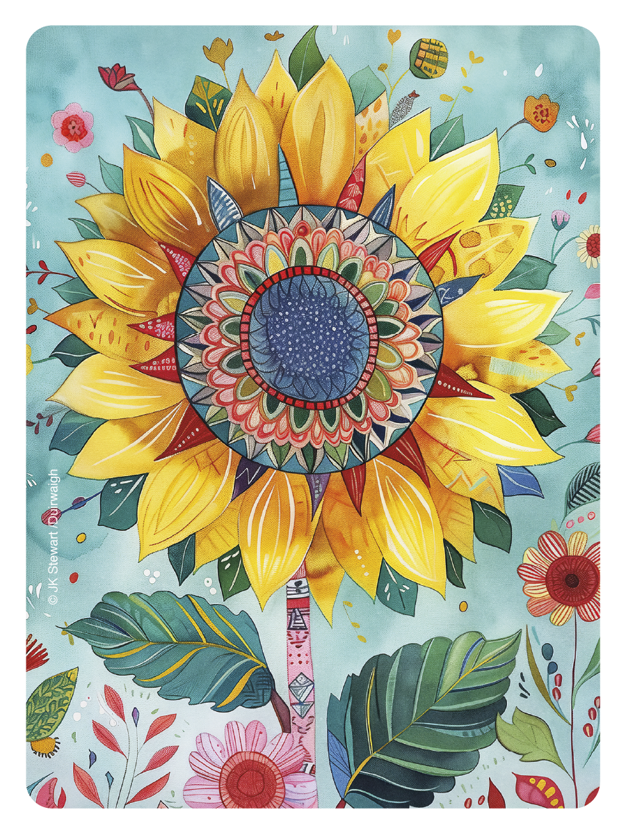 Vibrant watercolor sunflower sticker with intricate mandala center and lush green leaves on a teal background.