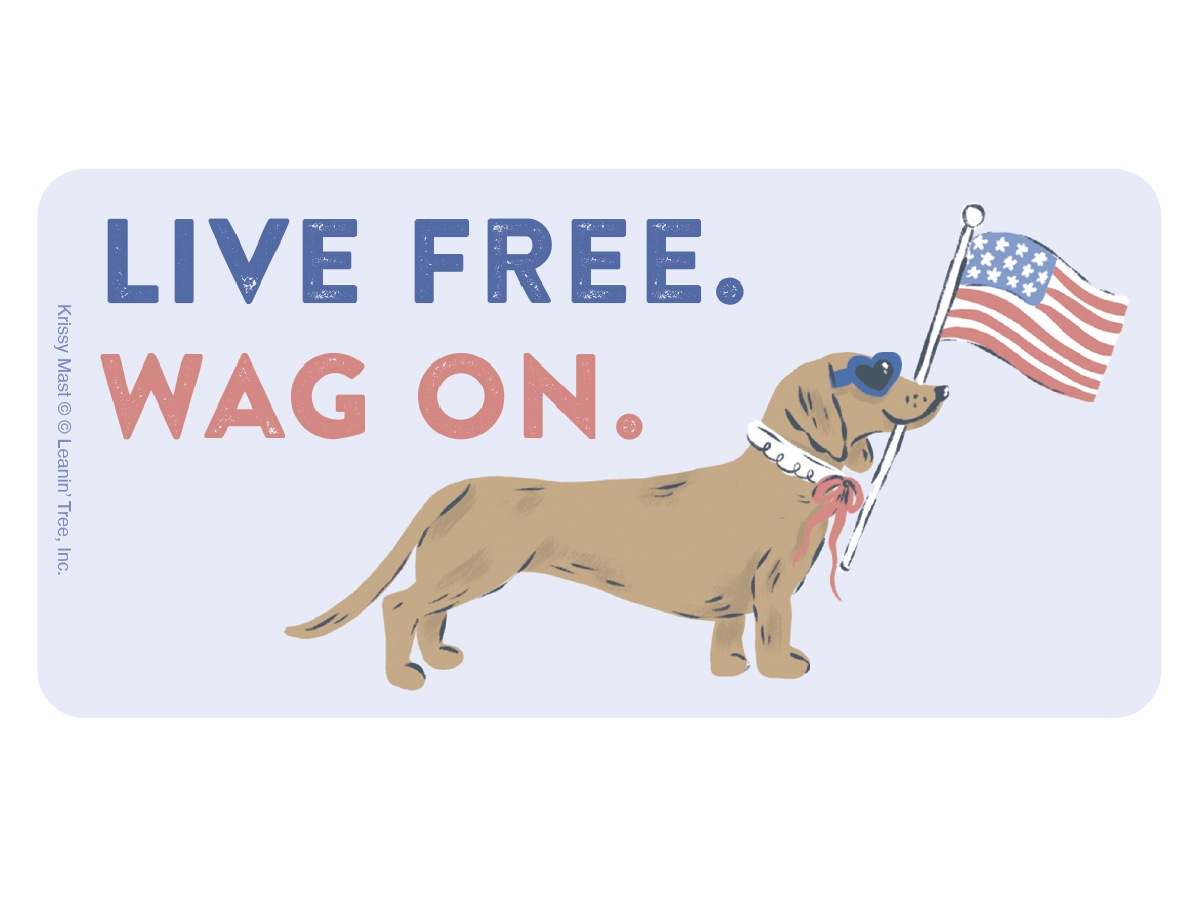 Light blue rectangular vinyl sticker featuring a cartoon dachshund dog in blue heart sunglasses, a white collar, and pink bow, proudly holding a pole with the American flag. Bold text reads 'LIVE FREE. WAG ON.' in blue and coral. Perfect patriotic dog decal for laptops, cars, and water bottles.