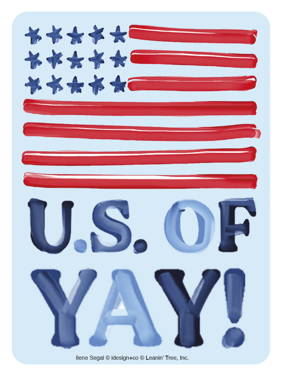 A light blue rectangular sticker featuring a whimsical, hand-drawn style American flag with red stripes and blue stars. Below the flag, the text "U.S. OF YAY!" is rendered in varying shades of blue with a brushstroke or watercolor effect, conveying a cheerful and patriotic sentiment. Perfect for celebrating national pride with a lighthearted touch.