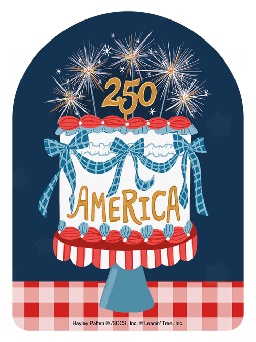 Patriotic sticker featuring a celebratory cake with 'AMERICA' and '250' in gold, topped with sparkling fireworks, red and blue frosting, and blue checkered ribbons, set on a red and white checkered background. Perfect for USA celebrations and bicentennial events.