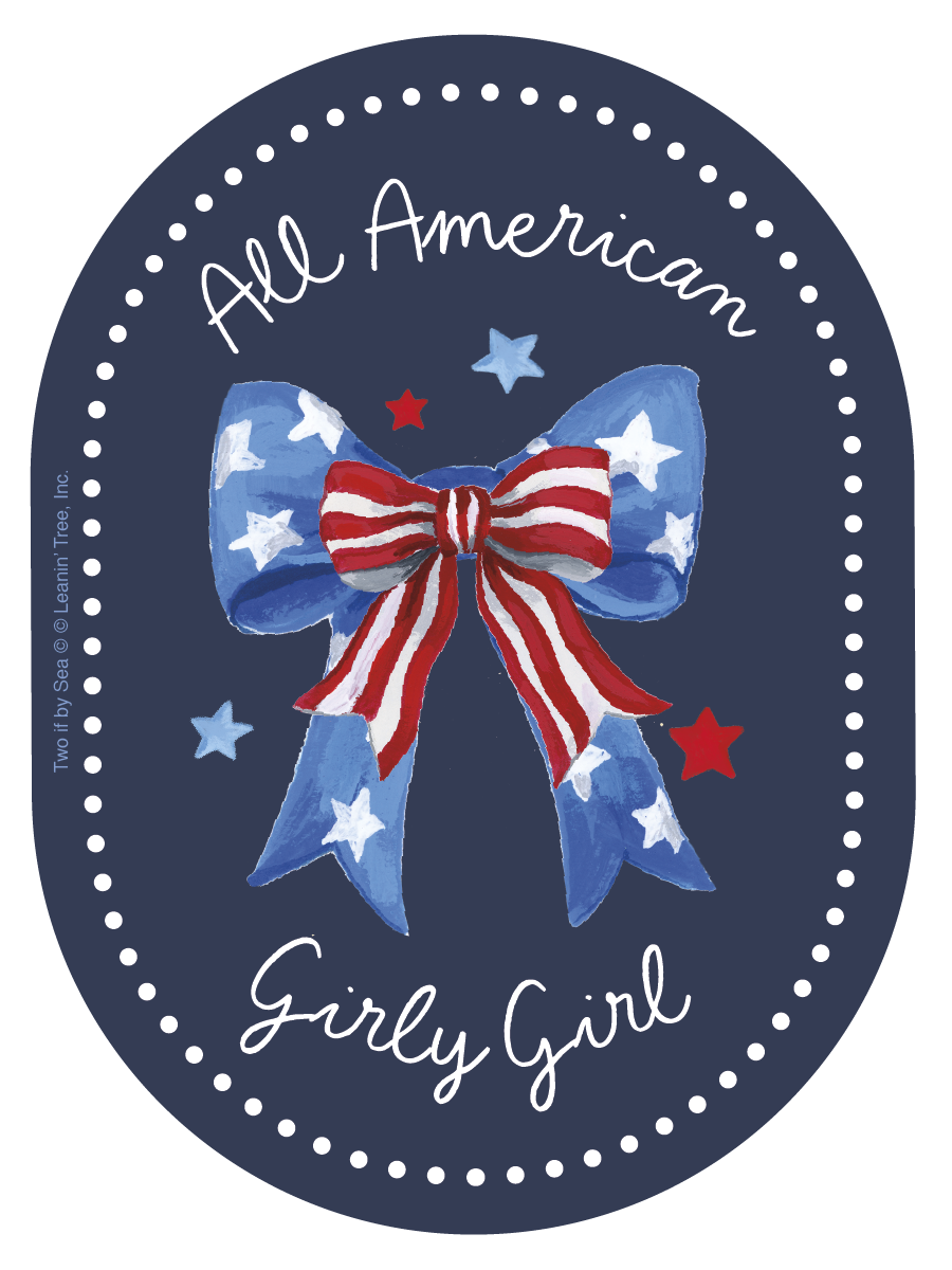 Oval sticker with a dark blue background and a white dotted border. It features a watercolor-style red, white, and blue bow with stars and stripes. Smaller blue and red stars accent the bow. The text "All American Girly Girl" is written in white script above and below the bow. Ideal patriotic sticker for young girls.