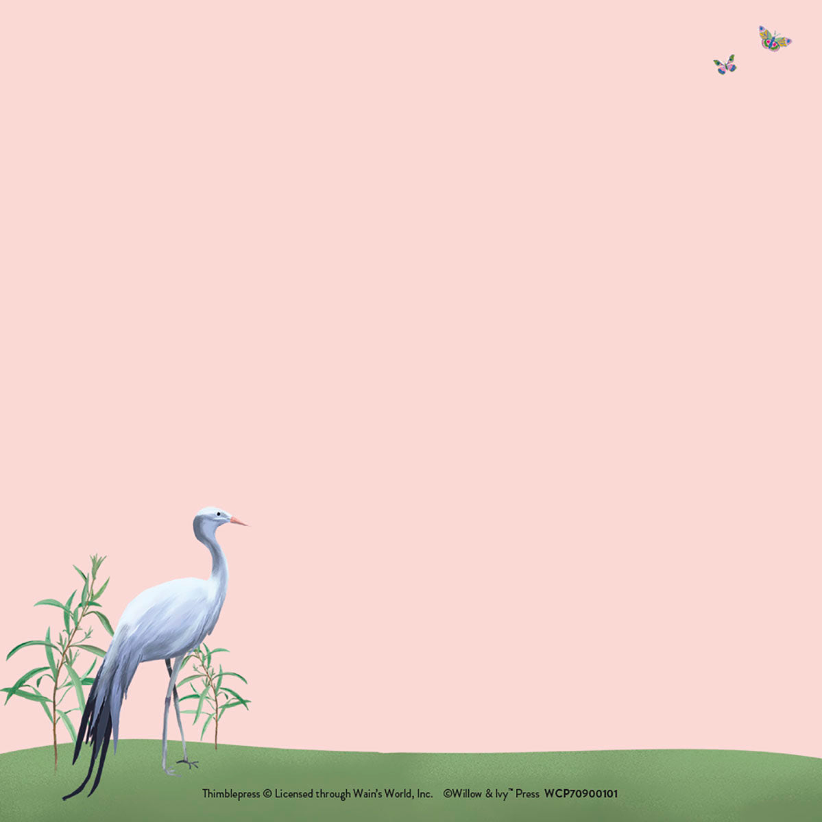Elegant blue crane notepad on a soft pink background with green foliage and two small butterflies, ideal for nature lovers and daily journaling.