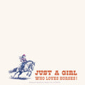 Vintage-style graphic of a cowgirl in a red hat riding a powerful galloping horse, with the phrase 'JUST A GIRL WHO LOVES HORSES!' below, ideal for an equestrian-themed notepad.