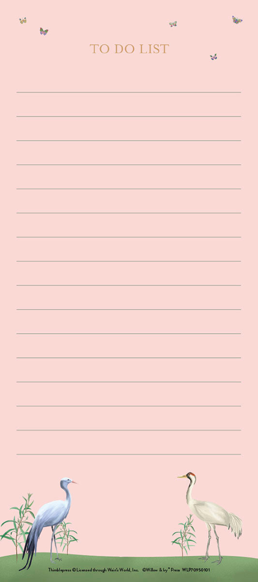 Elegant pink magnetic listpad with 'TO DO LIST' heading, featuring illustrations of a blue crane and a white crane amidst foliage at the bottom, and delicate butterflies at the top. Lined for organized note-taking, perfect for kitchen or office.
