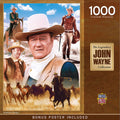1000-piece John Wayne Collection jigsaw puzzle box, featuring a prominent image of John Wayne in a cowboy hat, various movie scenes with him on horseback and herding wild horses in a Western landscape, and text 'The Legendary John Wayne Collection' with 'Bonus Poster Included'.