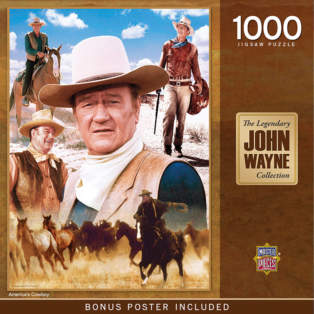1000-piece John Wayne Collection jigsaw puzzle box, featuring a prominent image of John Wayne in a cowboy hat, various movie scenes with him on horseback and herding wild horses in a Western landscape, and text 'The Legendary John Wayne Collection' with 'Bonus Poster Included'.