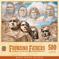 500-piece MasterPieces jigsaw puzzle box, titled 'Founding Fathers', featuring a blend of Mount Rushmore with US Presidents (Washington, Jefferson, Roosevelt, Lincoln) carved below, and four prominent Native American leaders (Sitting Bull, Red Cloud, Chief Joseph, and another chief) depicted above in the clouds, against a blue sky, signifying diverse historical perspectives. The box indicates 'Bonus Poster Included'.