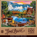 1000-piece MasterPieces 'Time Away' jigsaw puzzle depicting a vibrant autumn lake scene with a cozy log cabin, camping tent, glowing campfire, canoes, diverse wildlife including a coyote family, ducks, and an eagle, set against a backdrop of colorful fall foliage and majestic mountains under a sunset sky.