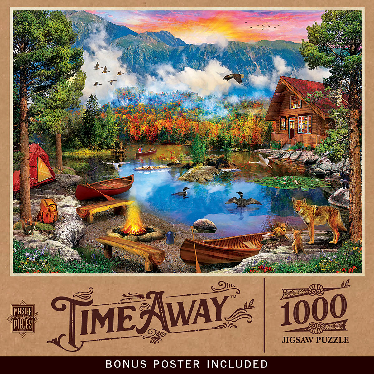 1000-piece MasterPieces 'Time Away' jigsaw puzzle depicting a vibrant autumn lake scene with a cozy log cabin, camping tent, glowing campfire, canoes, diverse wildlife including a coyote family, ducks, and an eagle, set against a backdrop of colorful fall foliage and majestic mountains under a sunset sky.