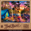 MasterPieces Time Away 1000 piece jigsaw puzzle depicting a vibrant camping scene at sunset. Features a blue tent, crackling campfire, sleeping dog, red canoe, and a person fishing by a tranquil lake with majestic mountains under a colorful sky.