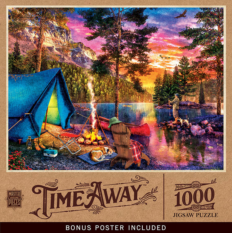 MasterPieces Time Away 1000 piece jigsaw puzzle depicting a vibrant camping scene at sunset. Features a blue tent, crackling campfire, sleeping dog, red canoe, and a person fishing by a tranquil lake with majestic mountains under a colorful sky.