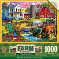 MasterPieces 'Picnic on the Farm' 1000-piece jigsaw puzzle box. The vivid artwork depicts an idyllic farm scene with a white farmhouse, red barn (McKay Farm), silo, blue vintage truck, green tractor, horses (mare, foal, white horses), cows, a stream with water lilies, two Adirondack chairs, and a picnic blanket under a colorful sky. Text on the box includes 'MasterPieces', 'Farm & Country', '1000 Jigsaw Puzzle', 'Linen Puzzles', and 'BONUS POSTER INCLUDED'.