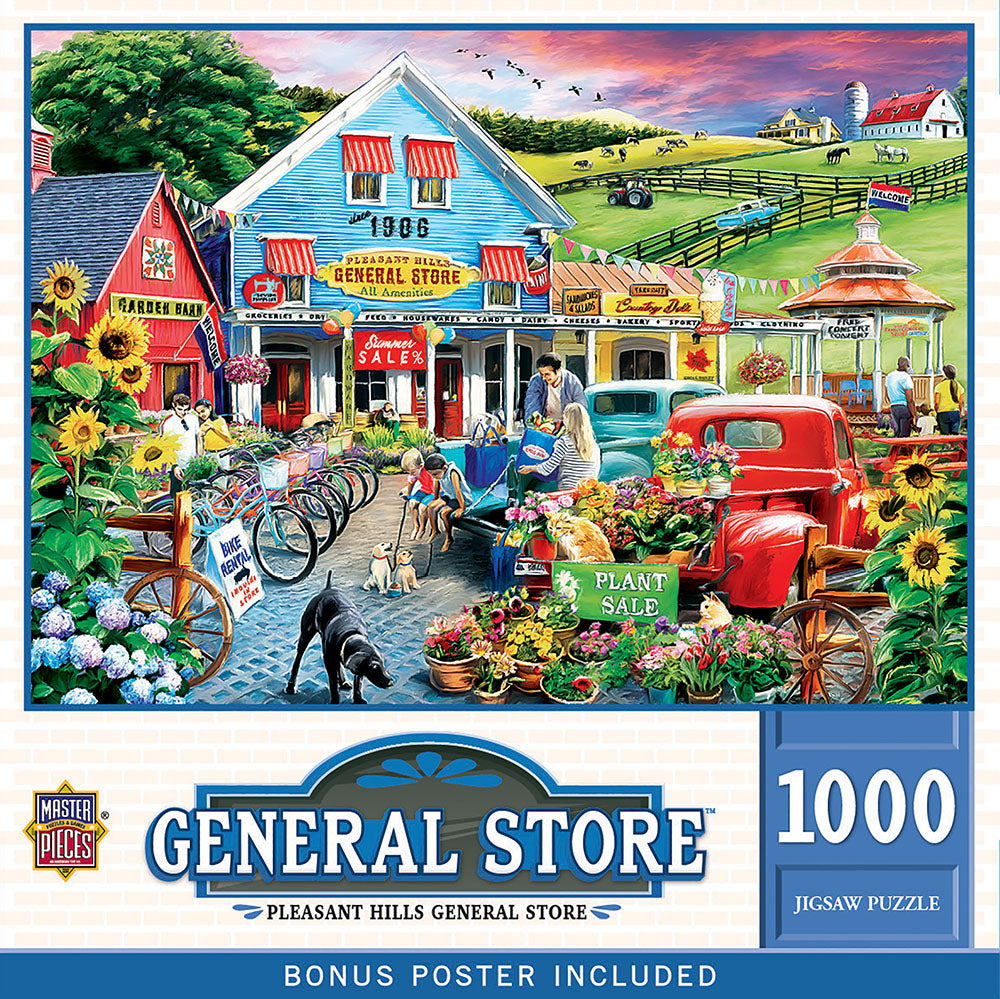 1000-piece MasterPieces jigsaw puzzle featuring a vibrant illustration of a bustling country general store with shoppers, dogs, cats, sunflowers, vintage cars, and a 'Summer Sale' banner, set against a rolling green landscape with barns and a gazebo. The puzzle box displays 'Pleasant Hills General Store' and 'BONUS POSTER INCLUDED'.