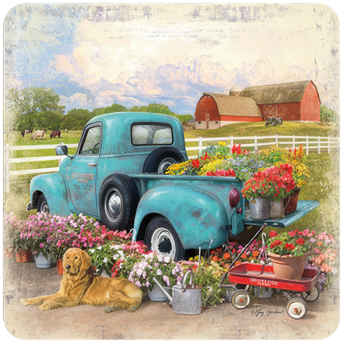 Vintage blue pickup truck overflowing with colorful spring and summer flowers, parked in a rustic farm setting with a golden retriever, red barn, and white fence. Ideal for garden lovers and dog owners.