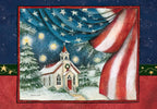 Greeting card featuring a snowy white church with a red door nestled among pine trees under a starry night sky, partially framed by a flowing American flag and patriotic star borders. Ideal for religious holiday wishes.