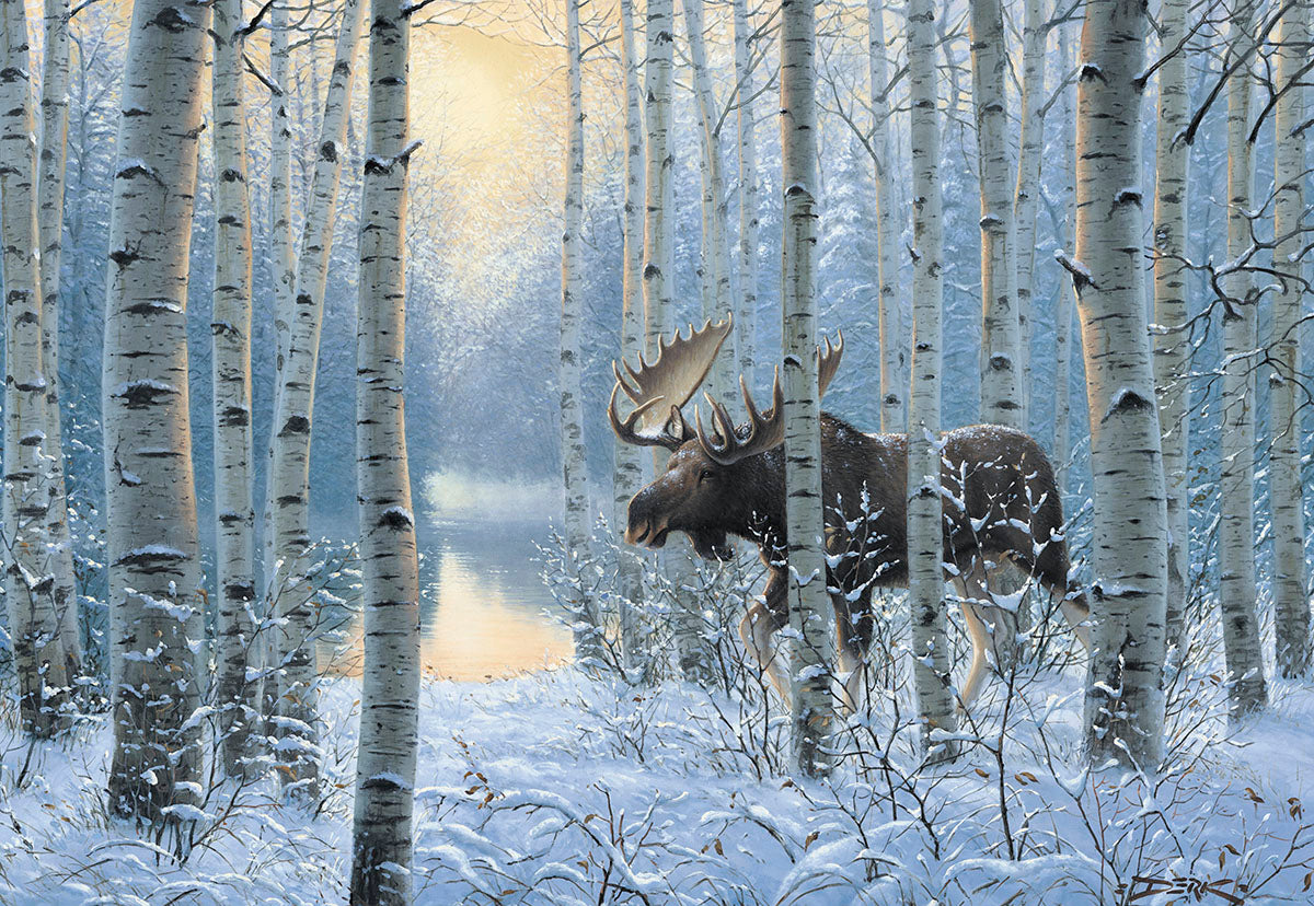 Majestic moose in a serene snowy birch forest with golden sunlight reflecting on a peaceful winter river. A beautiful winter wildlife scene perfect for holiday greetings.