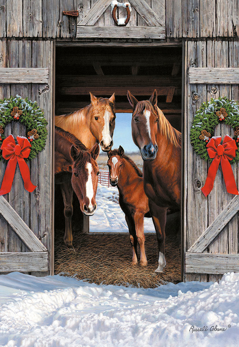 Horses at Decorated Barn Door Christmas Card