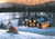 Fox sitting on snowy hillside, cabin