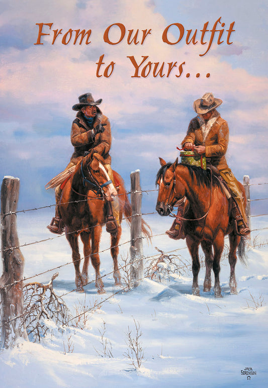 Cowboys on Horseback Talking over Fence Christmas Card