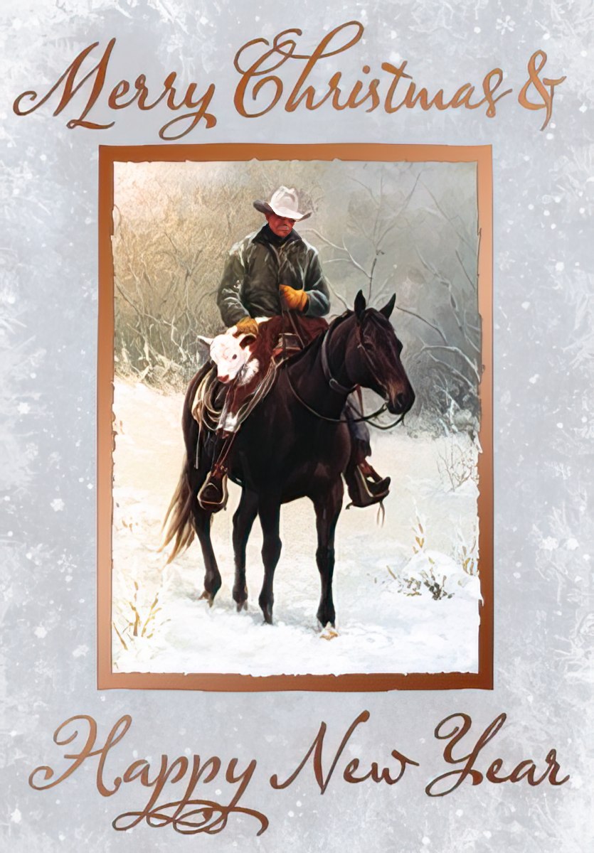 Cowboy with Calf on Horseback Christmas Card