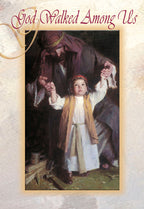 Religious greeting card front featuring Joseph guiding young Jesus learning to walk, with the scripture 'God Walked Among Us' in elegant script. Ideal for devout individuals during the holy season.