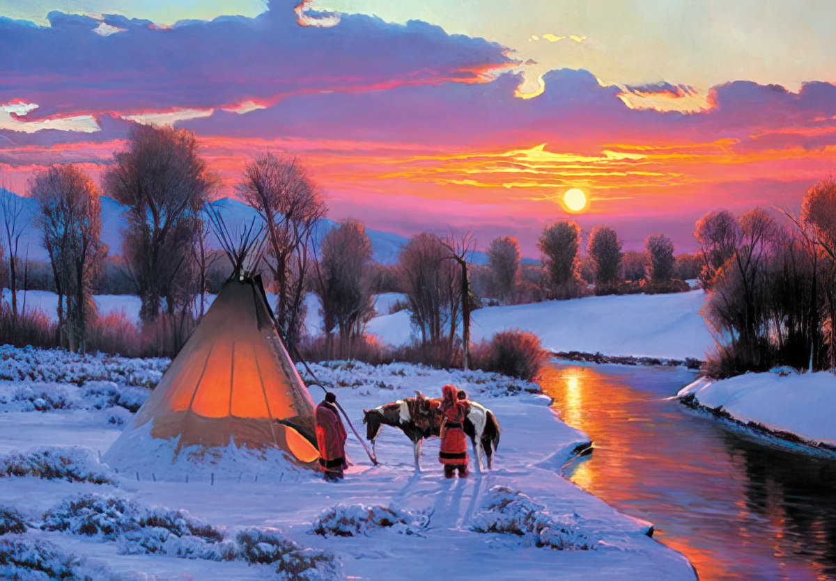 Teepee by Riverside at Snowy Sunset Christmas Card